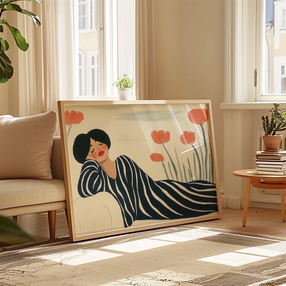 Woman in Striped Dress Reclining Among Tall Red Poppies Poster - Image 3