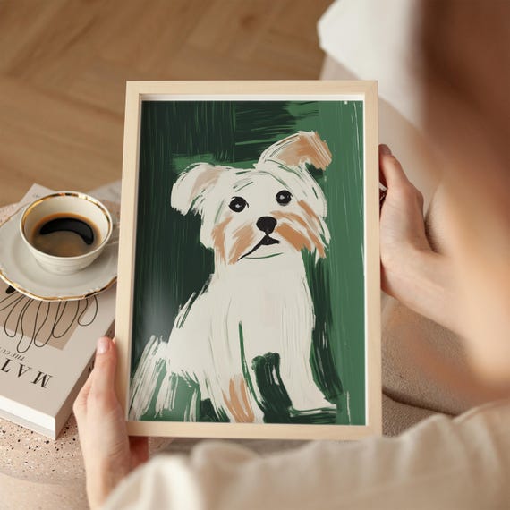 Abstract Dog Art Print White And Brown Pet Portrait Minimalist Animal Wall Art Modern Dog Illustration Green Background Cute Dog Decor