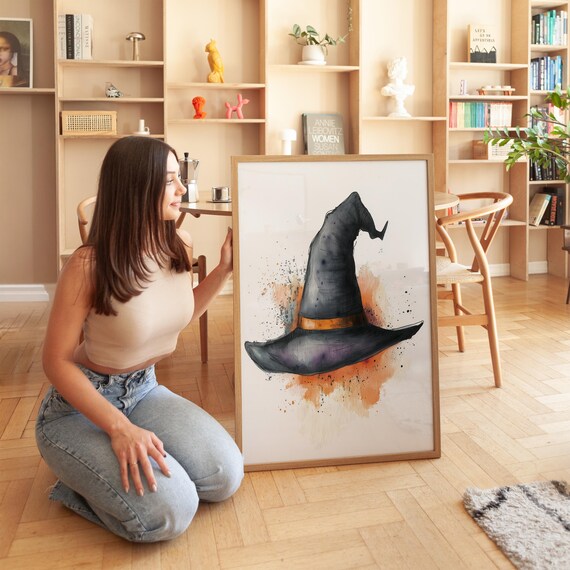 Watercolor Witch Hat With Orange Splashes Halloween Art Poster