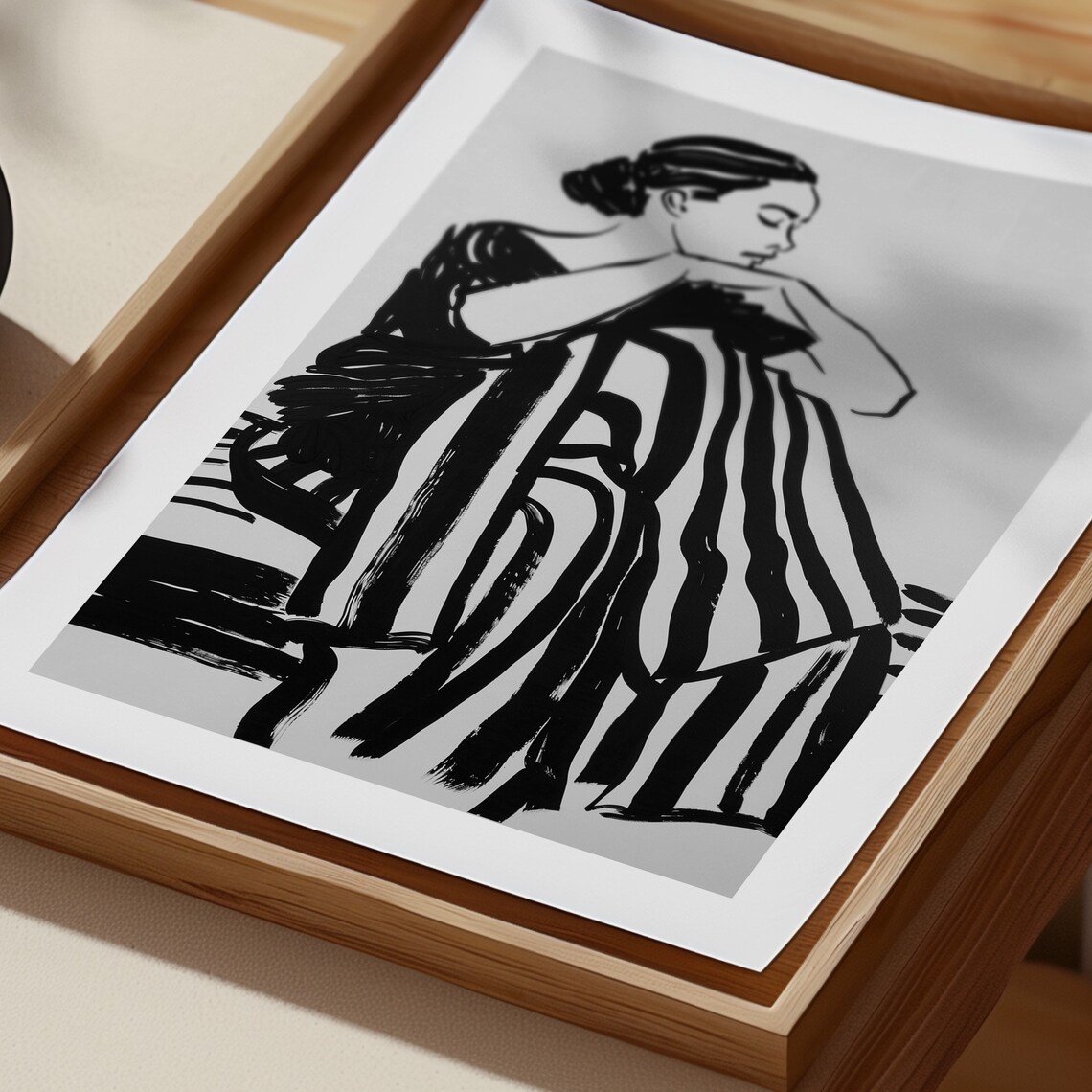 Contemplative Woman Ink Sketch with Flowing Striped Drapery Poster - Image 4