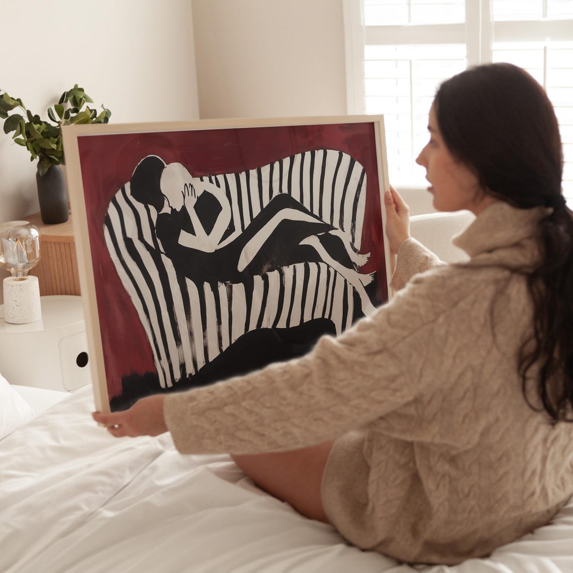 Abstract Couple Embrace Striped Lovers Burgundy Painting Style Poster - Image 3