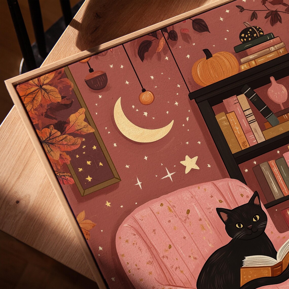 Black Cat Reading in Cozy Pink Library Autumn Halloween Art Poster - Image 4