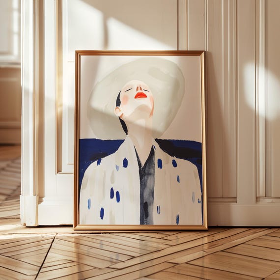 Modern Fashion Wall Art Abstract Woman Portrait Print Bold Minimalist Artwork Elegant Hat Illustration Navy And White Home Decor