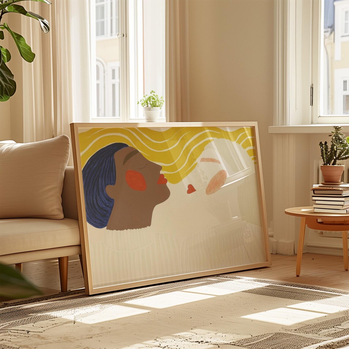 Two Women in Profile About to Kiss Beneath Golden Waves Poster - Image 3