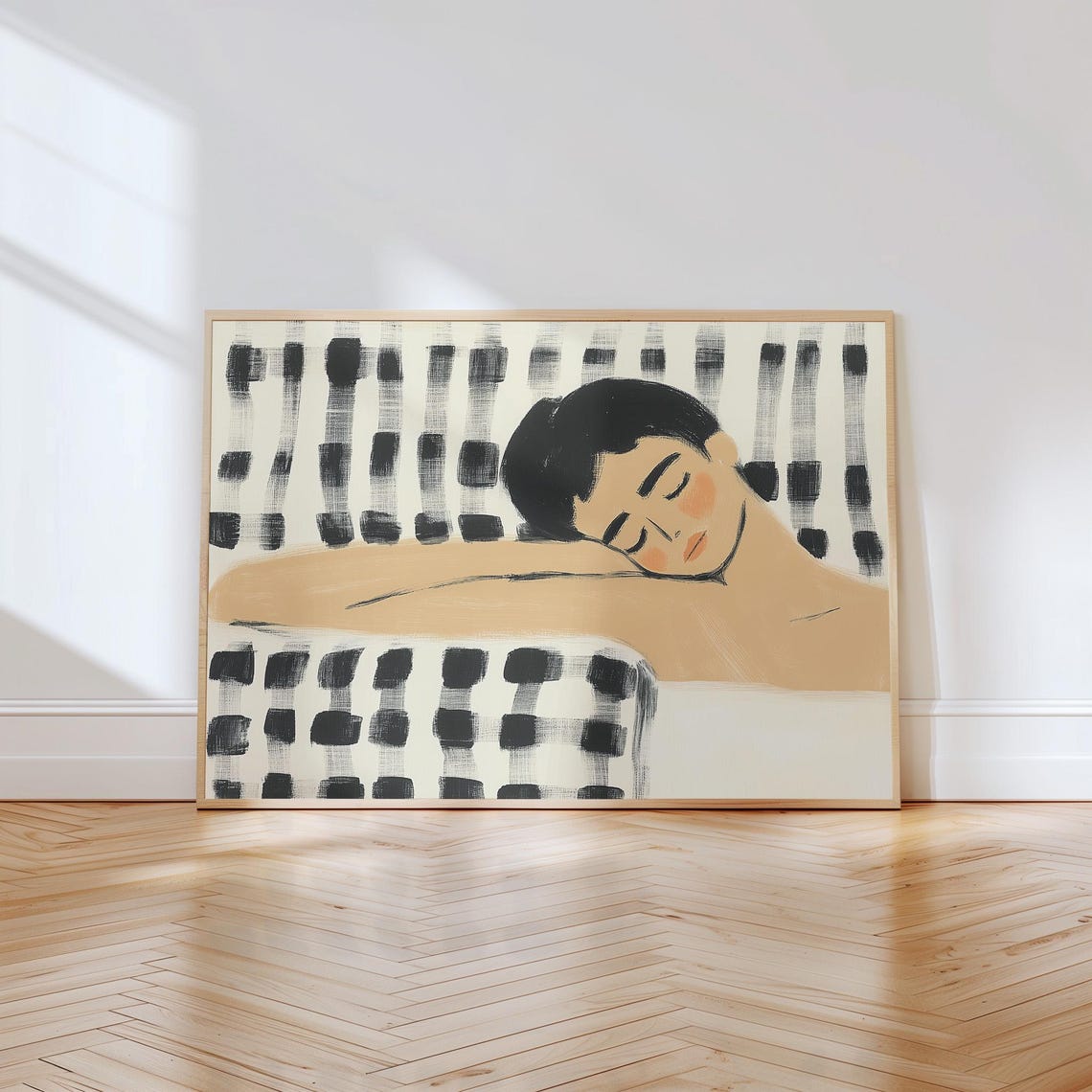 Sleeping Woman Resting Against Black White Brushstroke Stripes Poster - Image 4
