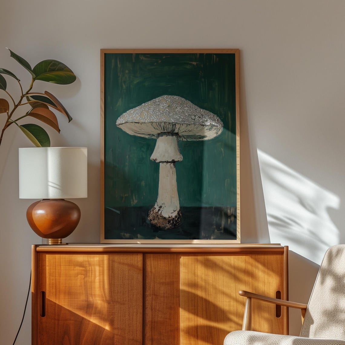 Textured Mushroom Botanical Painting on Emerald Green Poster - Image 2