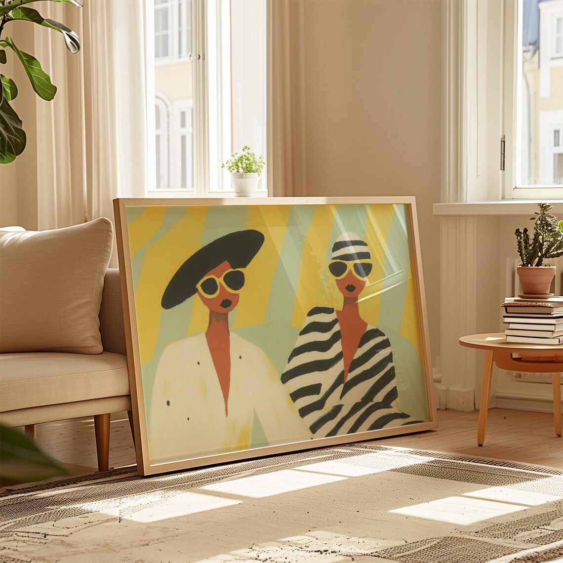 Two Stylish Women in Sunglasses Yellow Mint Striped Glam Poster - Image 4