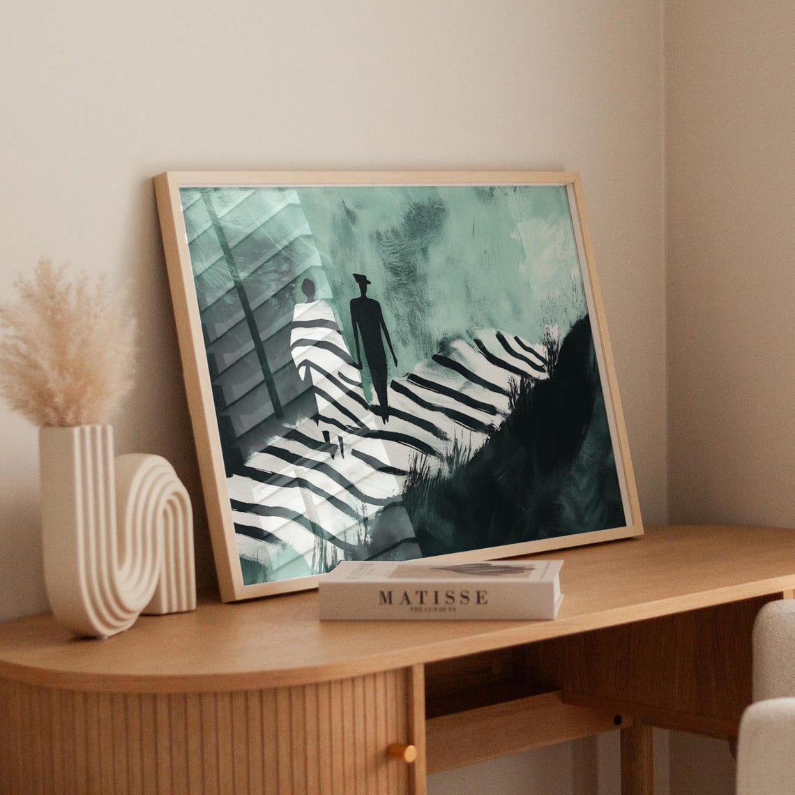 Two Figures Walking Striped Path Emerald Green Abstract Poster - Image 4