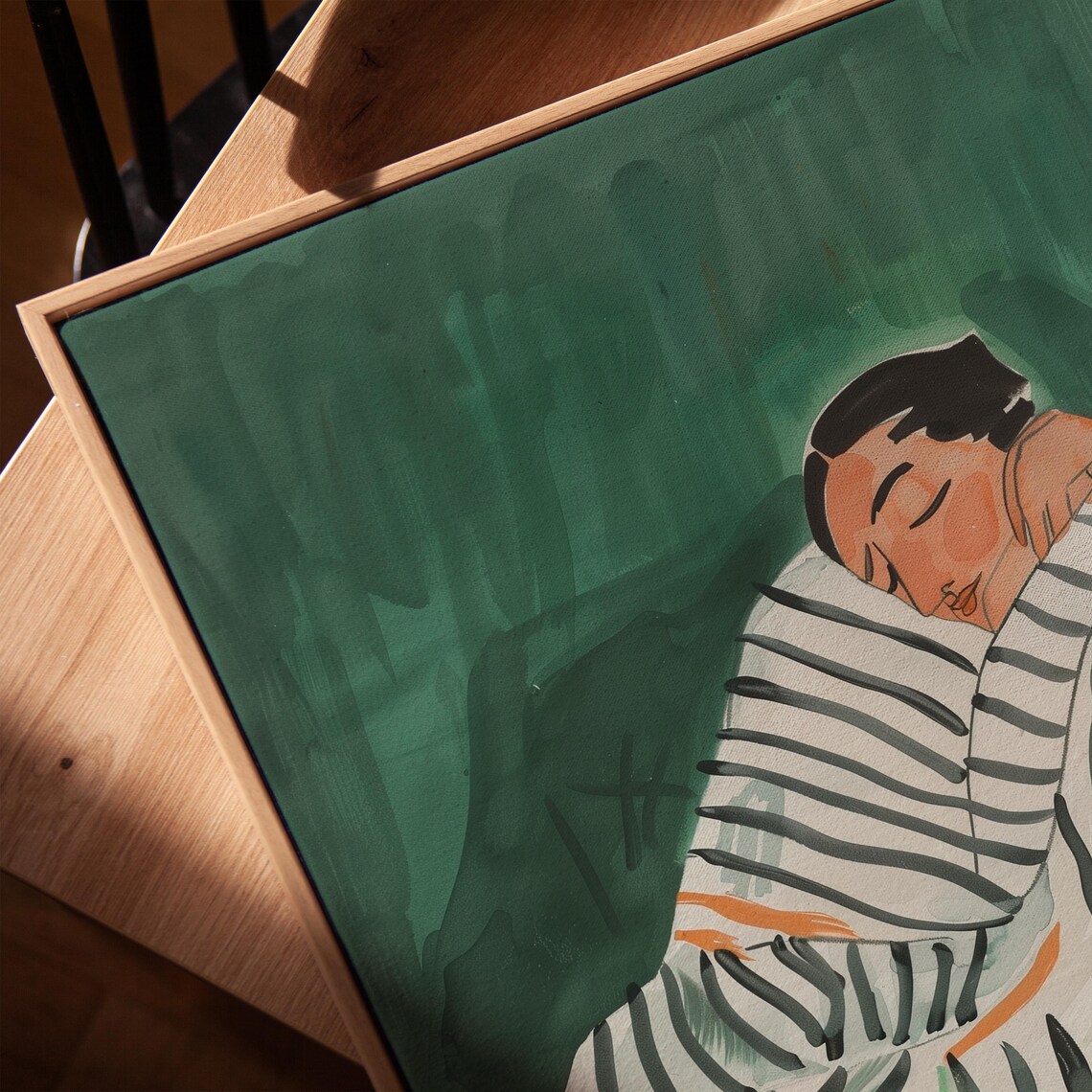 Woman Napping In A Striped Sweater On An Orange Chair In Green Print - Image 3