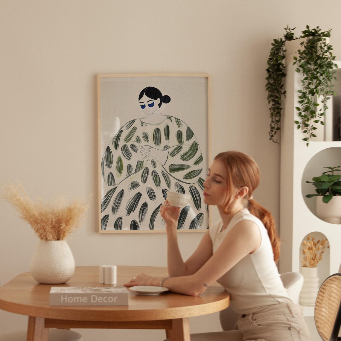 Minimalist Woman Green Patterned Dress Beige Abstract Figure Art Poster - Image 4