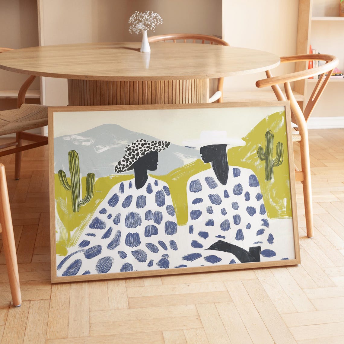 Desert Couple in Blue Spotted Ponchos Among Cacti Southwest Poster - Image 5