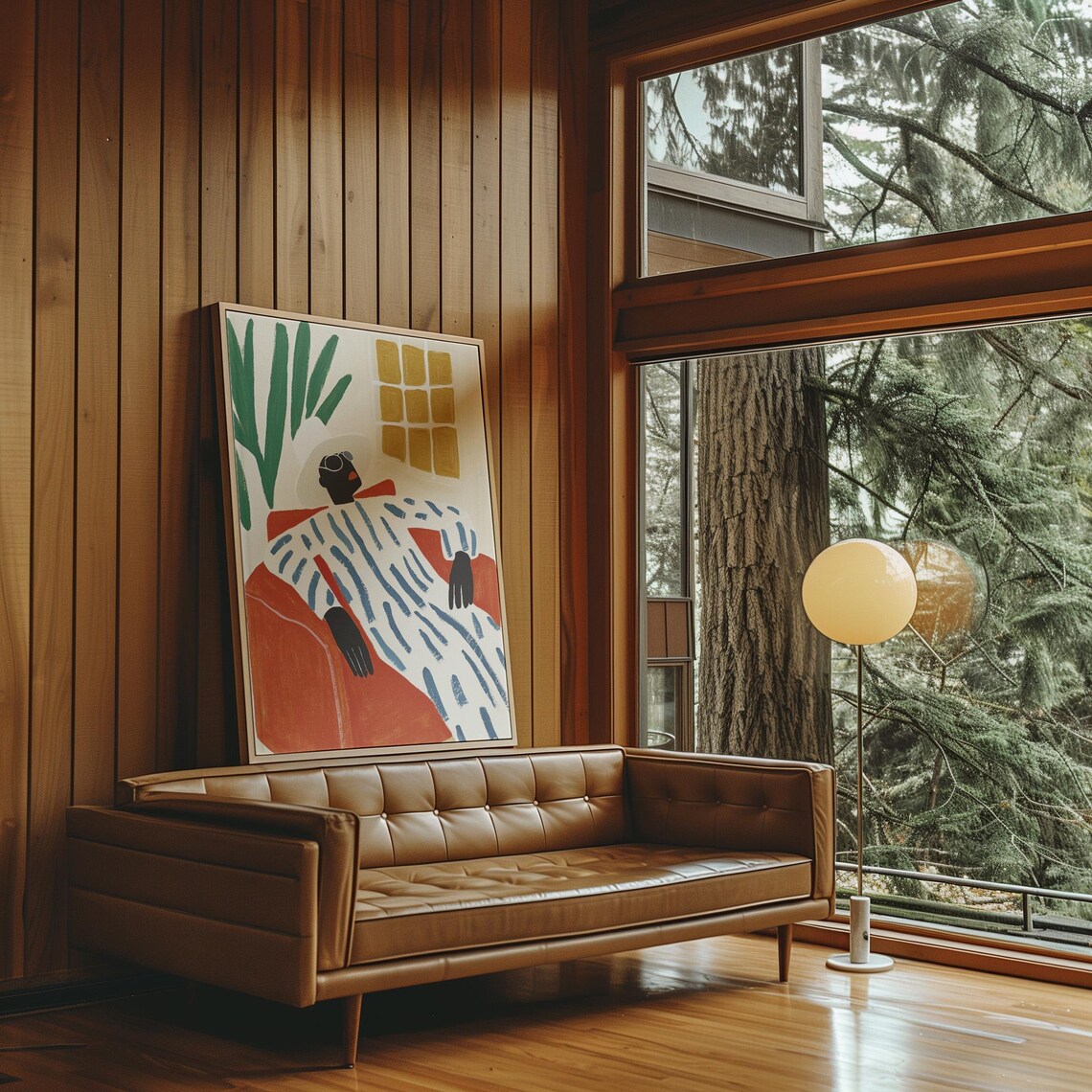 Lounging Figure in Stripes on Orange Sofa Colorful Minimalist Poster - Image 3
