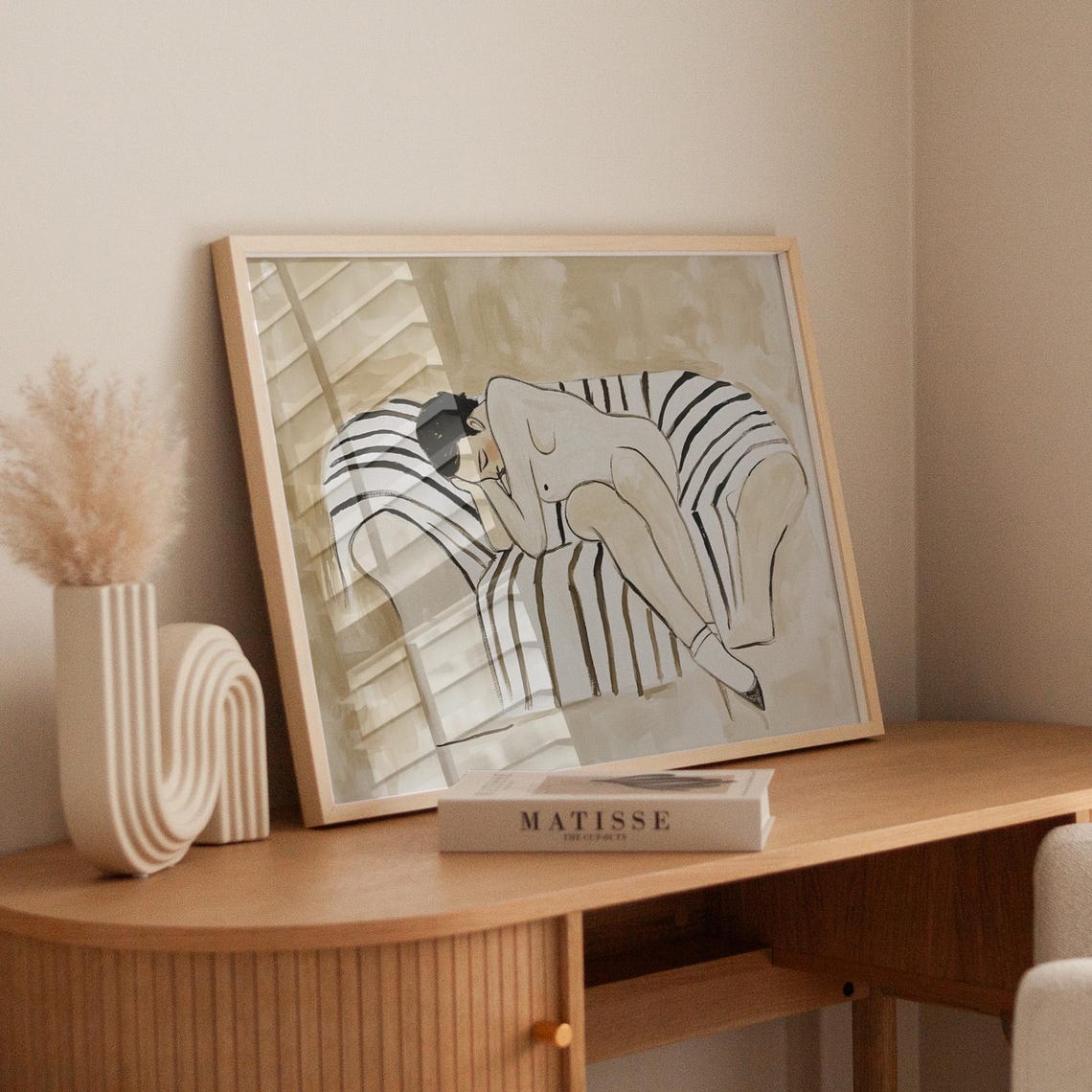 Woman Resting on Striped Sofa Beige Neutral Modern Art Poster - Image 3