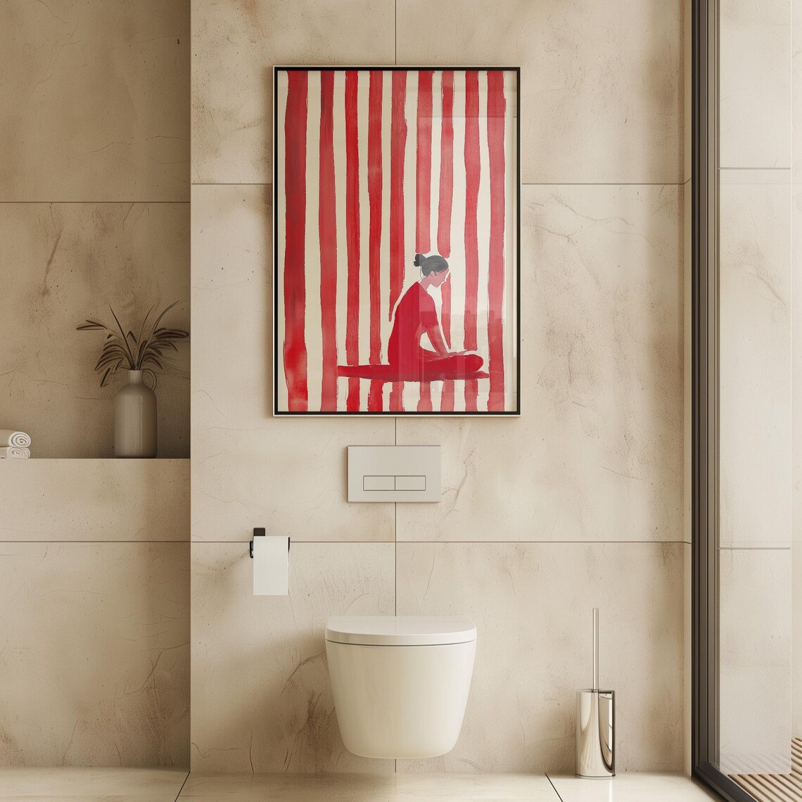 Red Meditating Woman Lotus Pose Vertical Stripes Minimalist Zen Poster - Image 4