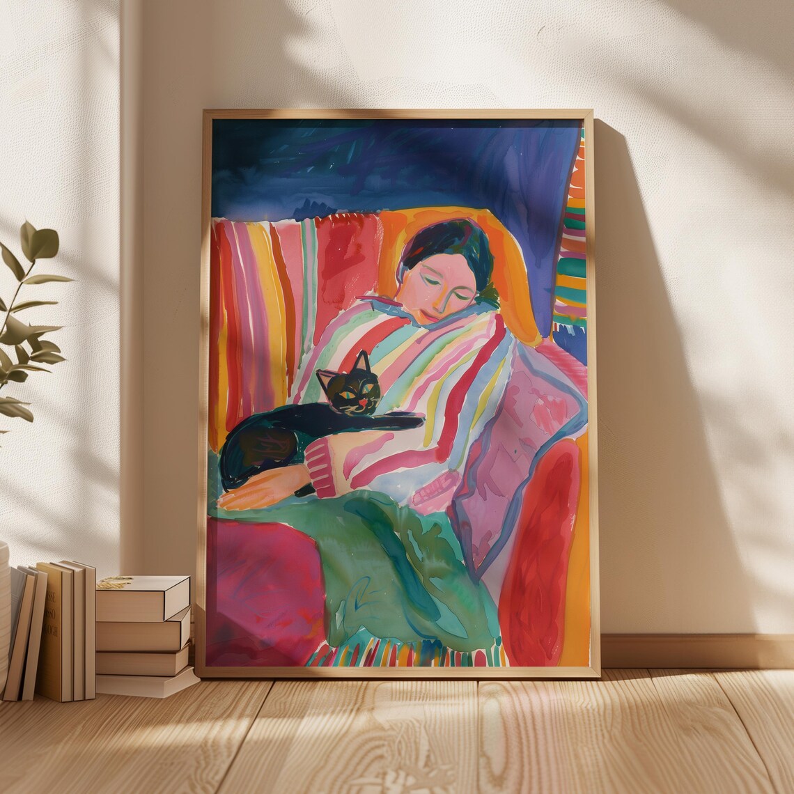 Colorful Woman with Black Cat Resting on Rainbow Blanket Wall Art