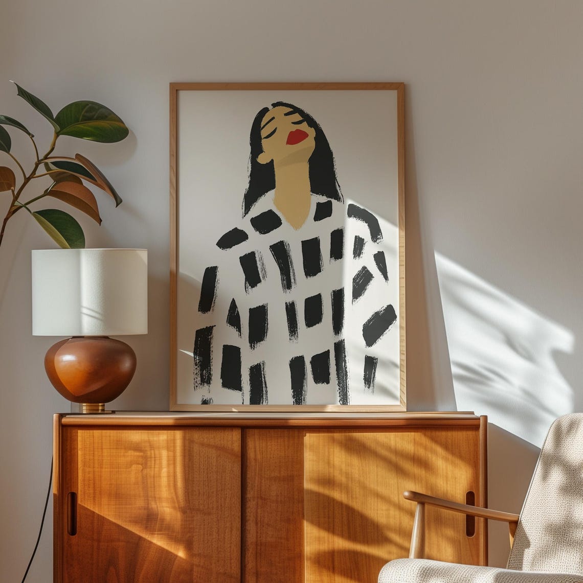 Woman With Red Lips In Black And White Brushstroke Top Art Poster - Image 2