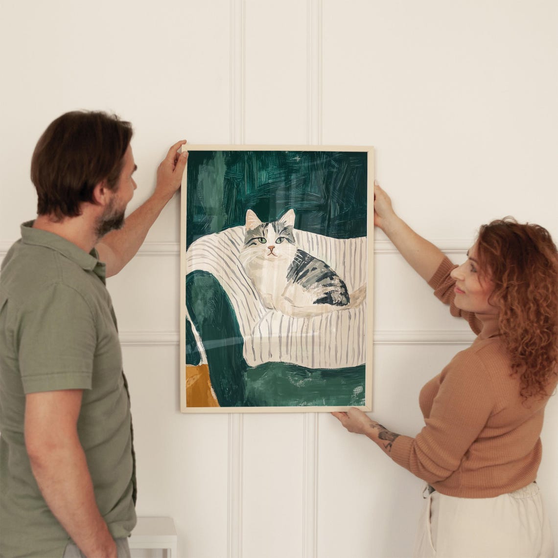 Cozy Tabby Cat Portrait On Striped Chair Green Whimsical Poster - Image 2