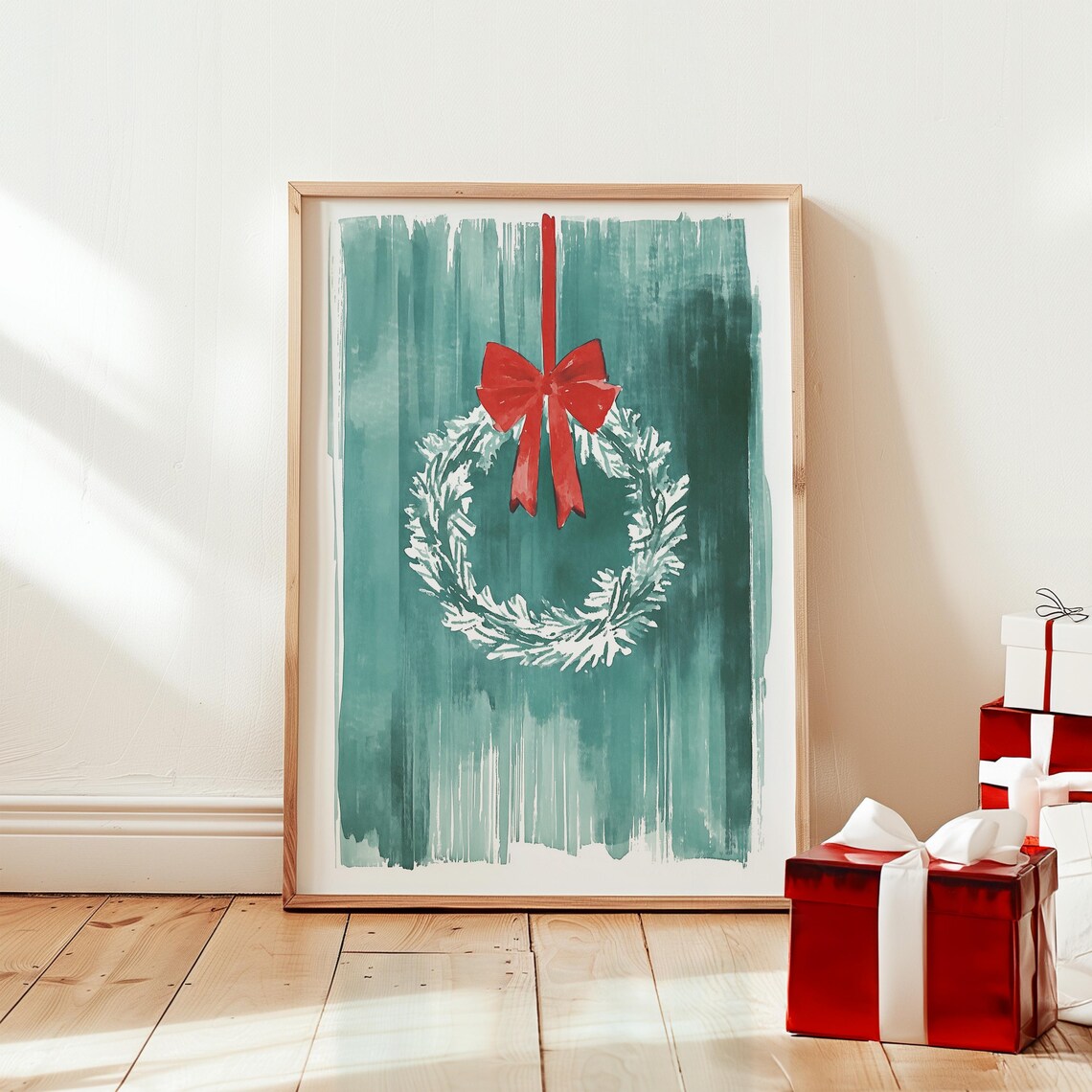 White Snowy Christmas Wreath With a Red Bow on Teal Watercolor Poster