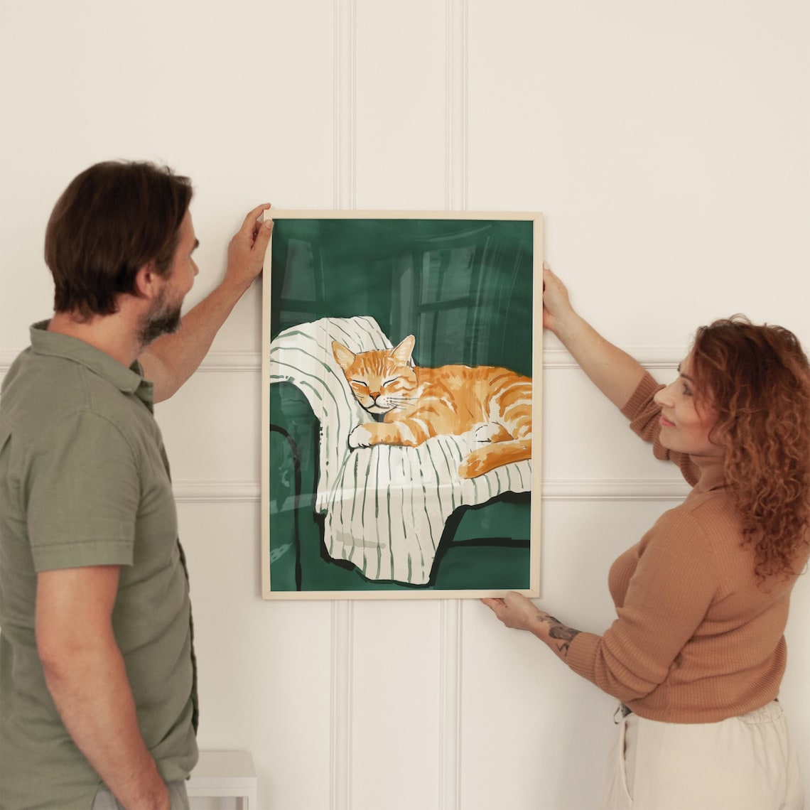 Sleeping Orange Tabby Cat Green Watercolor Whimsical Cozy Pet Poster - Image 2