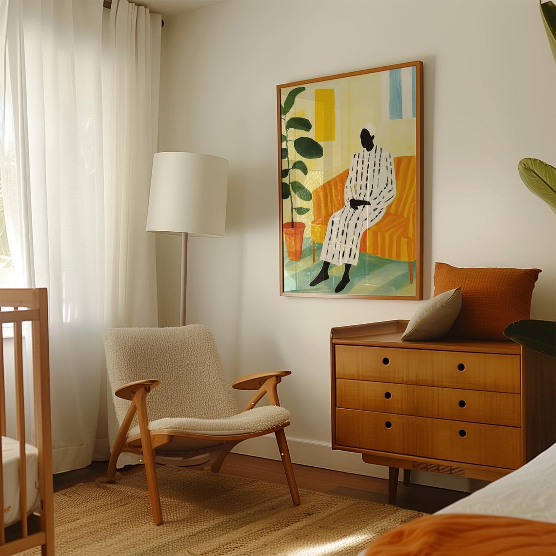 Seated Figure In Striped Robe On Orange Sofa Modern Interior Poster - Image 3