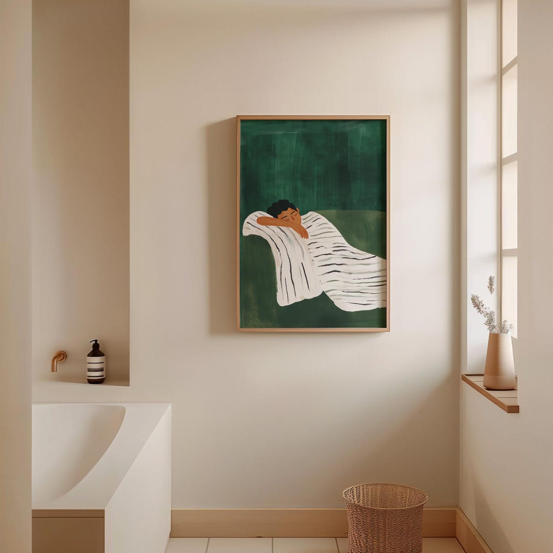 Person Sleeping Under Striped Blanket Emerald Green Calm Wall Art - Image 3