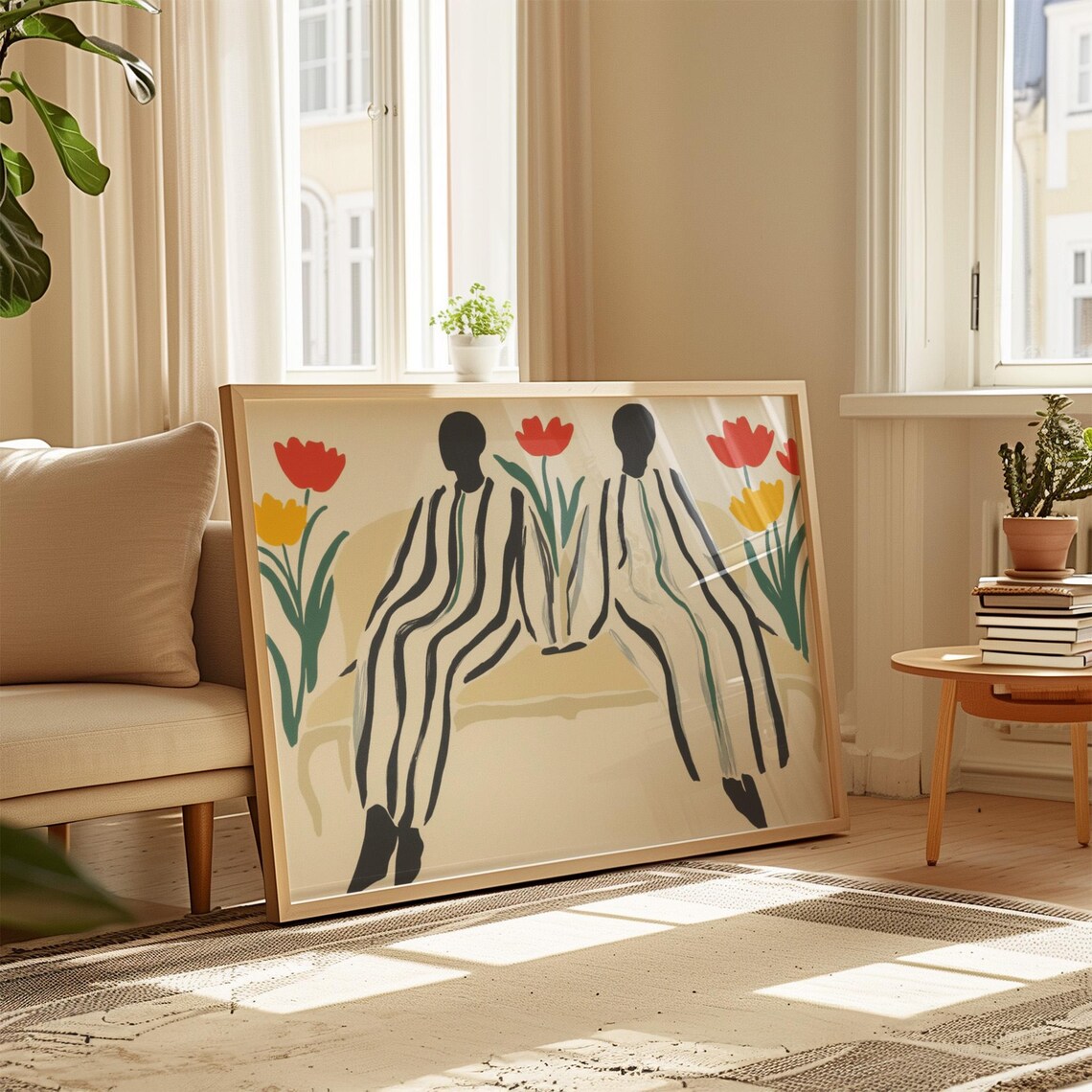 Couple in Striped Robes Seen From Behind Among Red Tulips Poster - Image 3