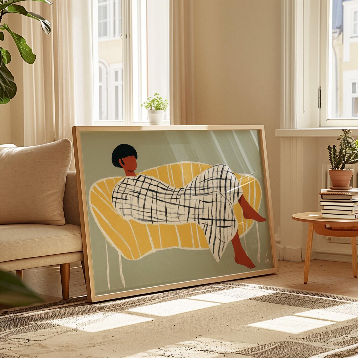 Woman Lounging on Yellow Chaise in Grid Pattern Dress Poster - Image 3