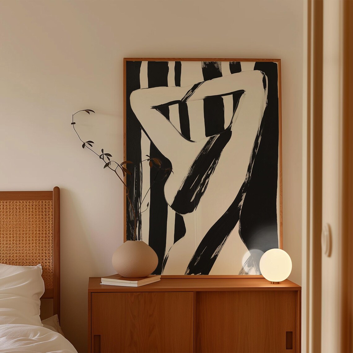 Bold Female Silhouette Black White Striped Abstract Art Poster - Image 4
