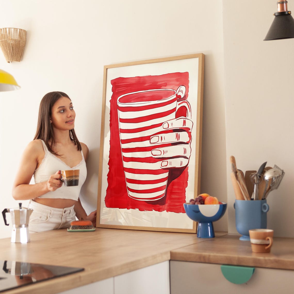 Red Striped Coffee Mug in Hand Bold Kitchen Illustration Poster - Image 2