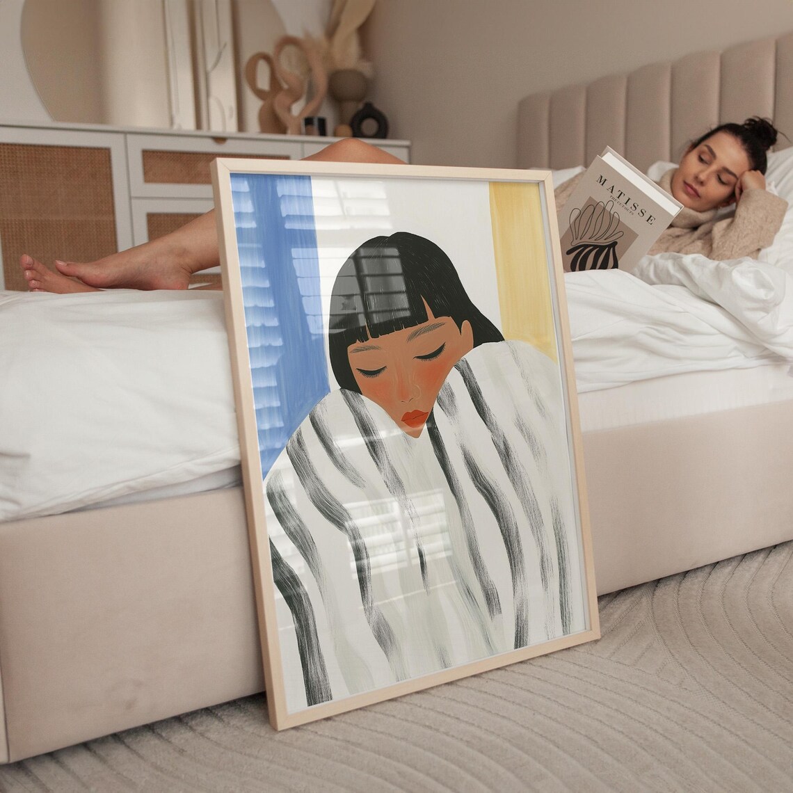 Peaceful Abstract Portrait Wrapped in a Striped Blanket Poster - Image 5