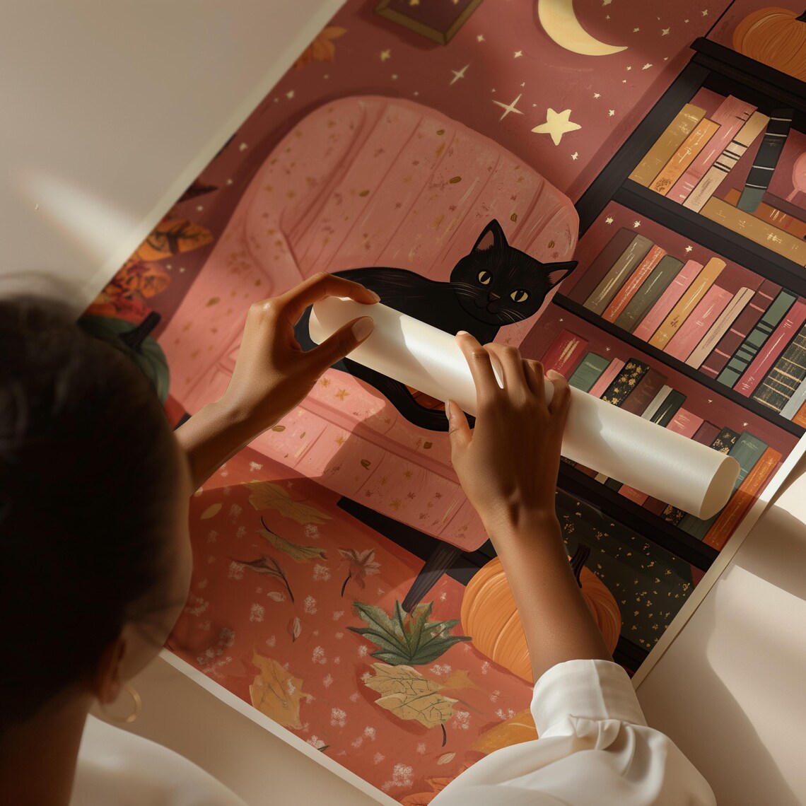 Black Cat Reading in Cozy Pink Library Autumn Halloween Art Poster - Image 2