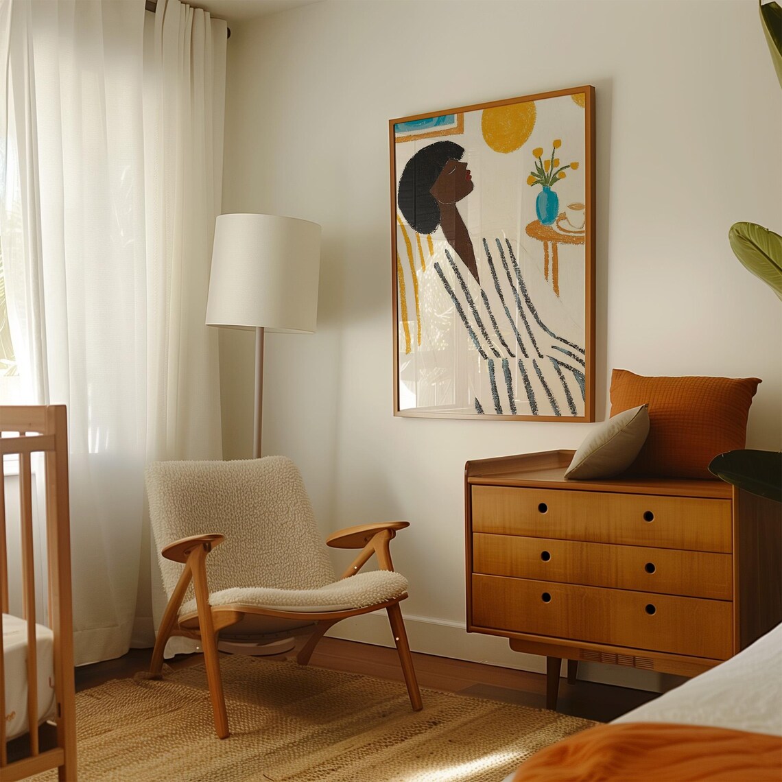 Woman Profile In Striped Robe With Golden Sun And Flowers Poster - Image 3