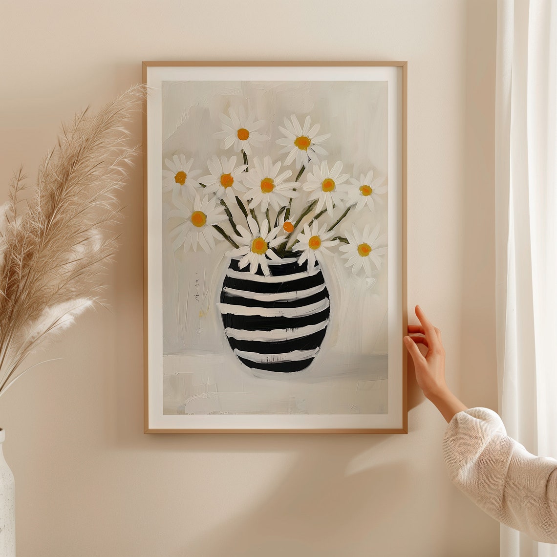 White Daisies Striped Vase Minimalist Neutral Floral Still Life Poster