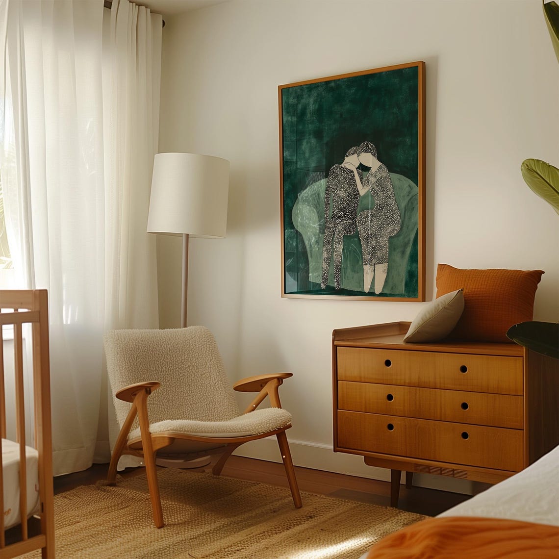 Intimate Embrace of Two Dotted Figures on a Green Sofa Poster - Image 4