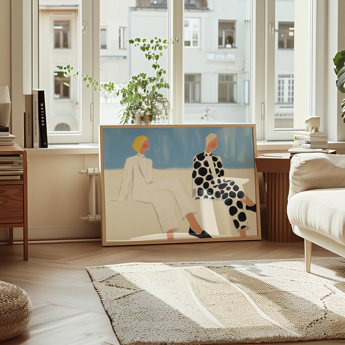 Two Seated Women in White and Polka Dots Against Blue Sky Poster - Image 5