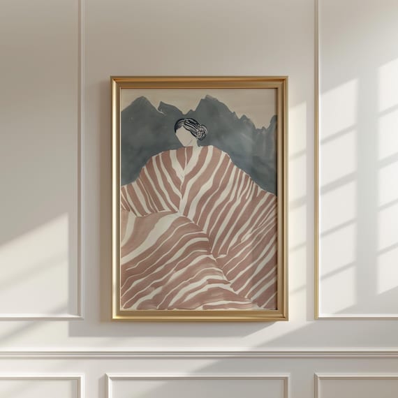 Woman In Striped Shawl Before Misty Mountains Neutral Tones Wall Art