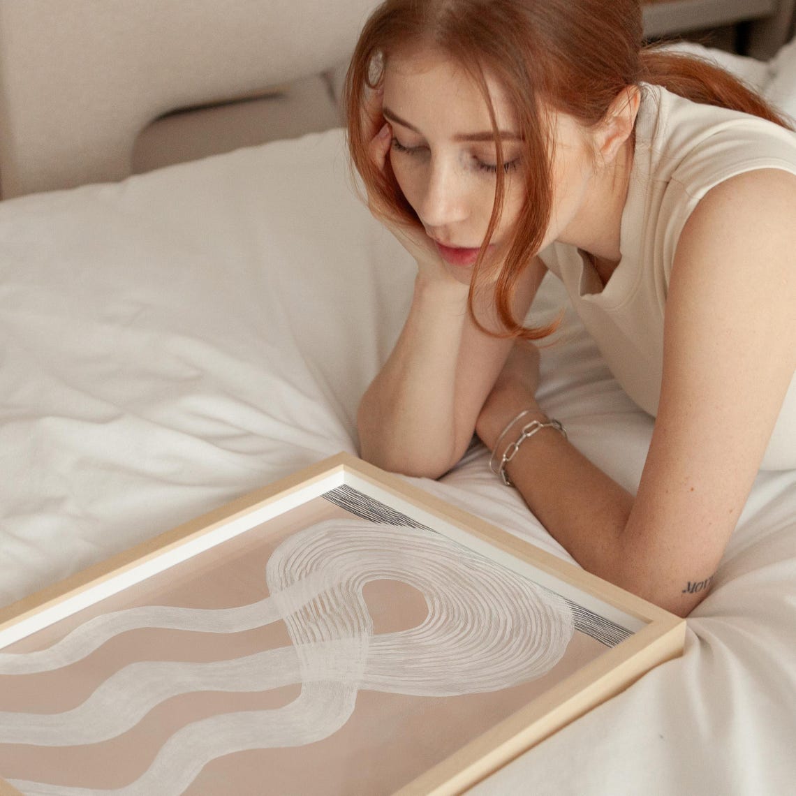 Abstract White Wavy Lines Beige Minimalist Modern Line Art Poster - Image 3