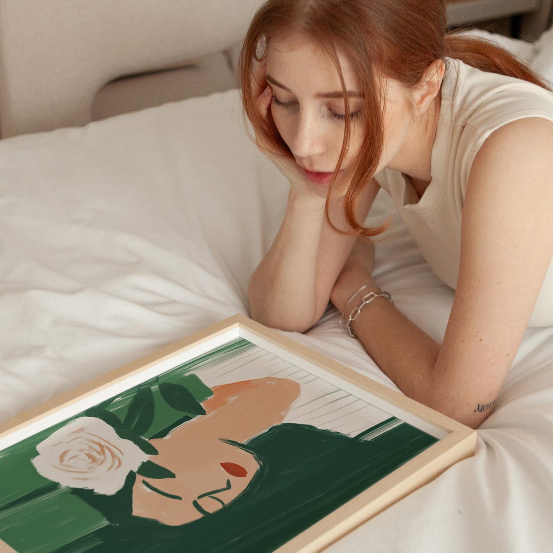 Woman With White Rose In Hair Emerald Green Minimalist Portrait Poster - Image 3