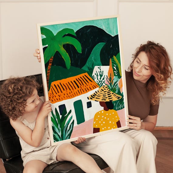 Tropical Landscape Painting Woman In Hat Art Colorful Caribbean Scene Palm Trees And Cottage Illustration Tropical Wall Art Boho Home
