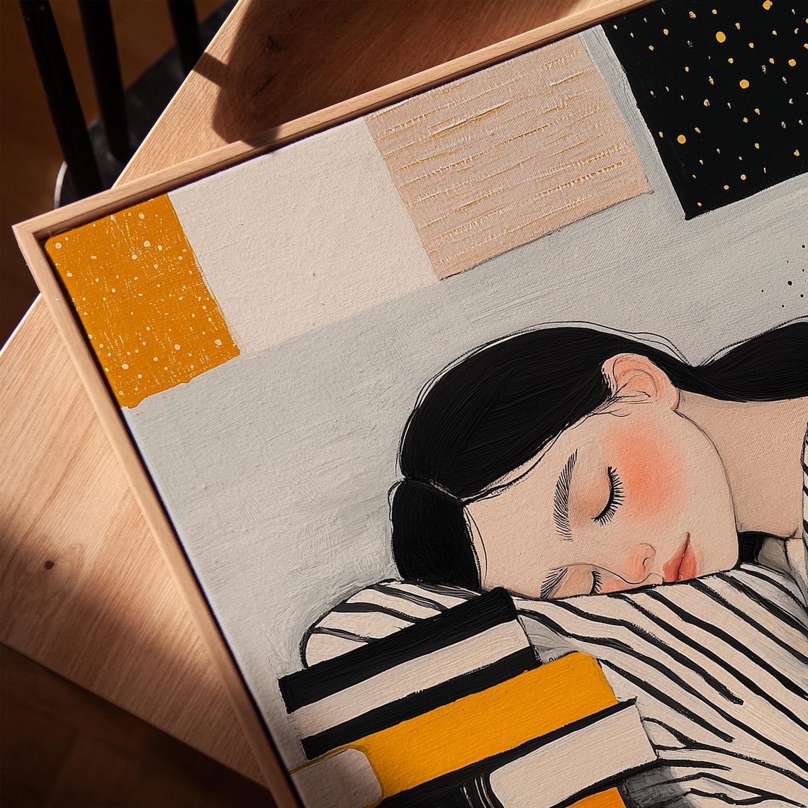 Sleeping Girl Hugging Stack Of Books Night Window Cozy Reading Poster - Image 3