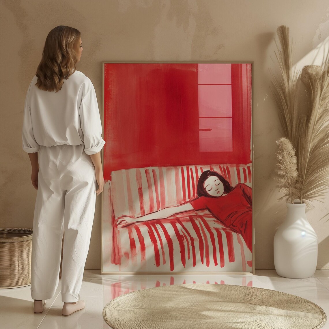 Red Sofa Woman Resting, Minimal Modern Illustration - Image 2