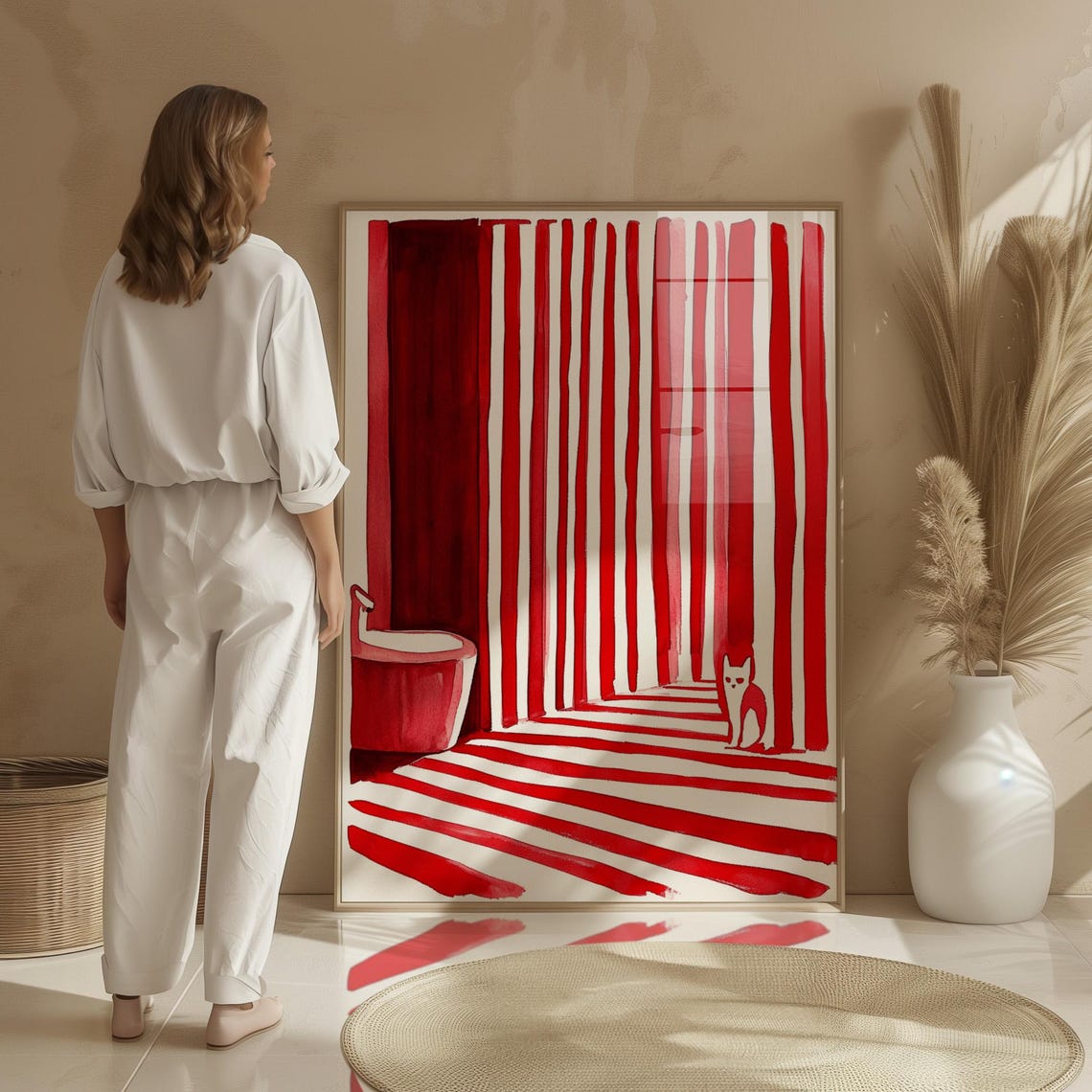 Tiny Red Cat In Striped Red Corridor Whimsical Optical Wall Art - Image 3