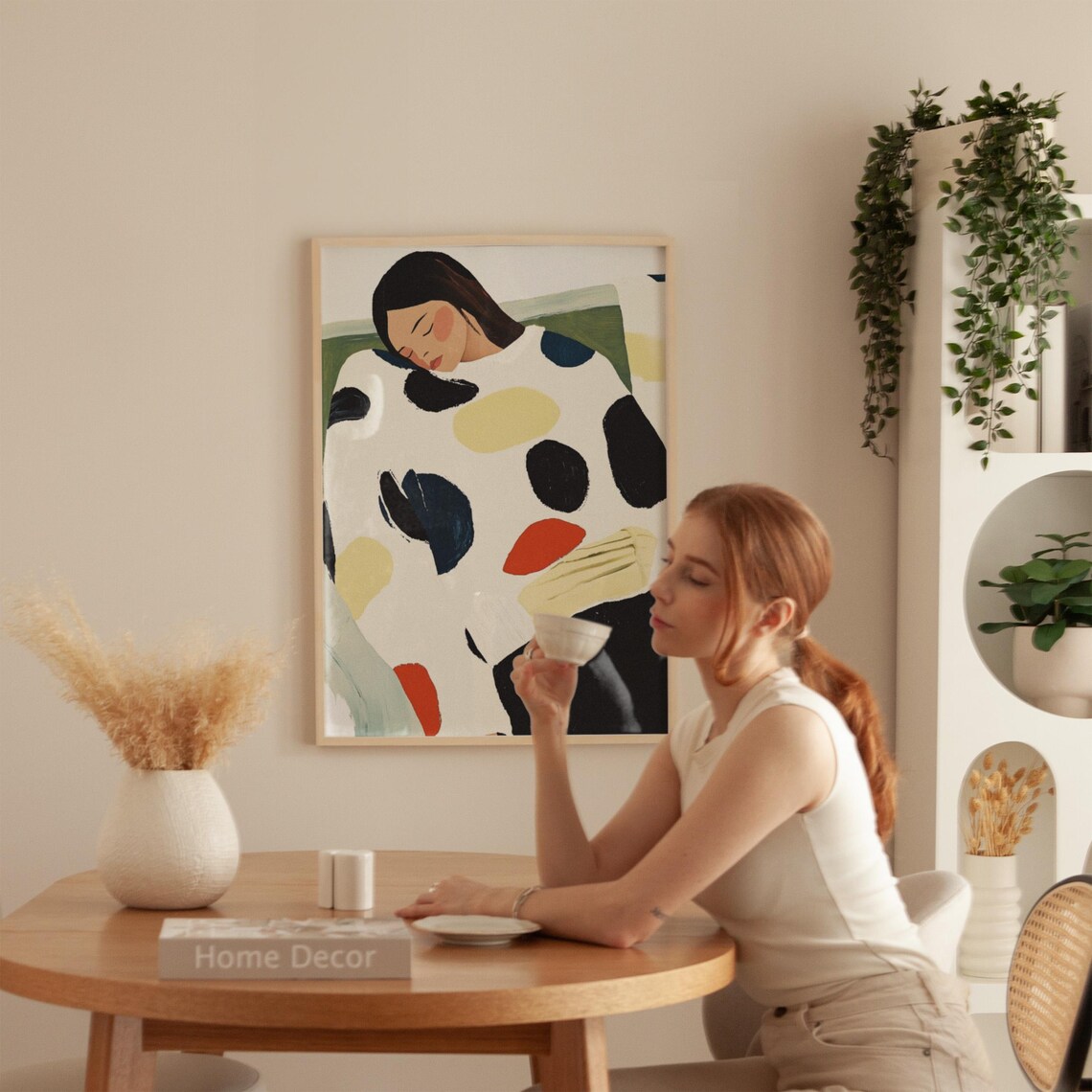 Woman Resting Head In Colorful Dotted Robe Cozy Minimalist Poster - Image 4