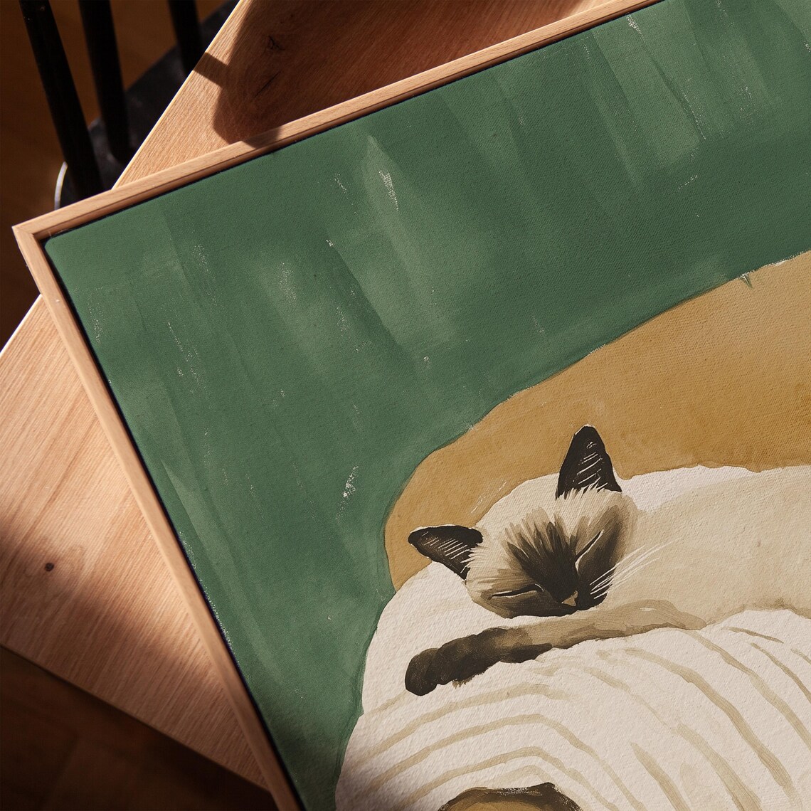 Sleeping Siamese Cat On Armchair Cozy Green Pet Painting Poster - Image 4