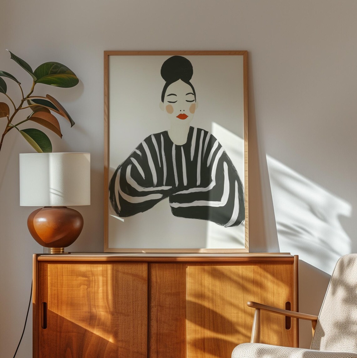 Woman With Hair Bun In Black And White Striped Top Portrait Poster - Image 2