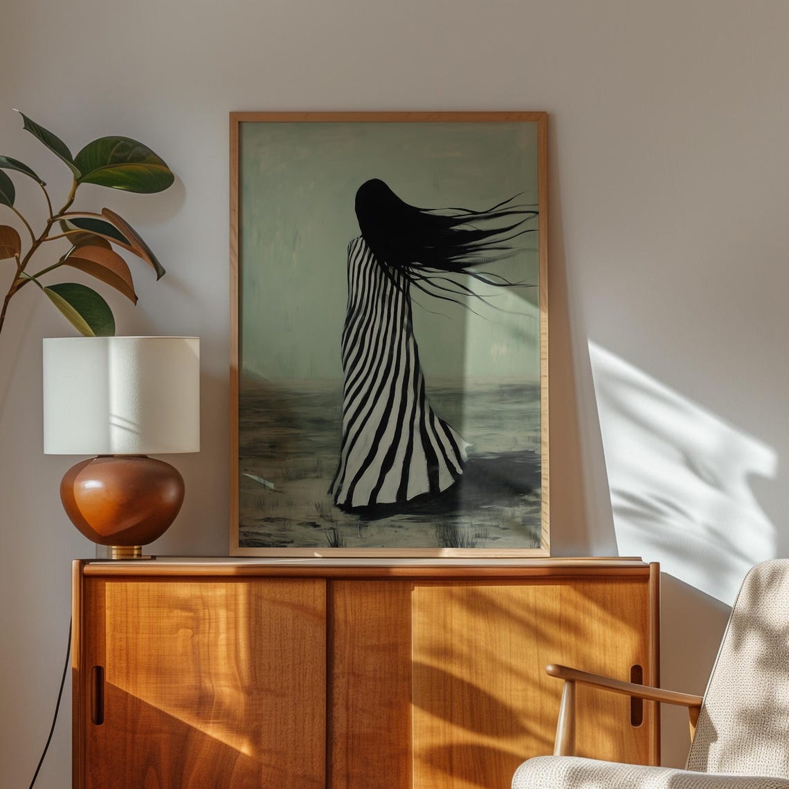 Windswept Hair Striped Dress Woman Back View Moody Green Poster - Image 3
