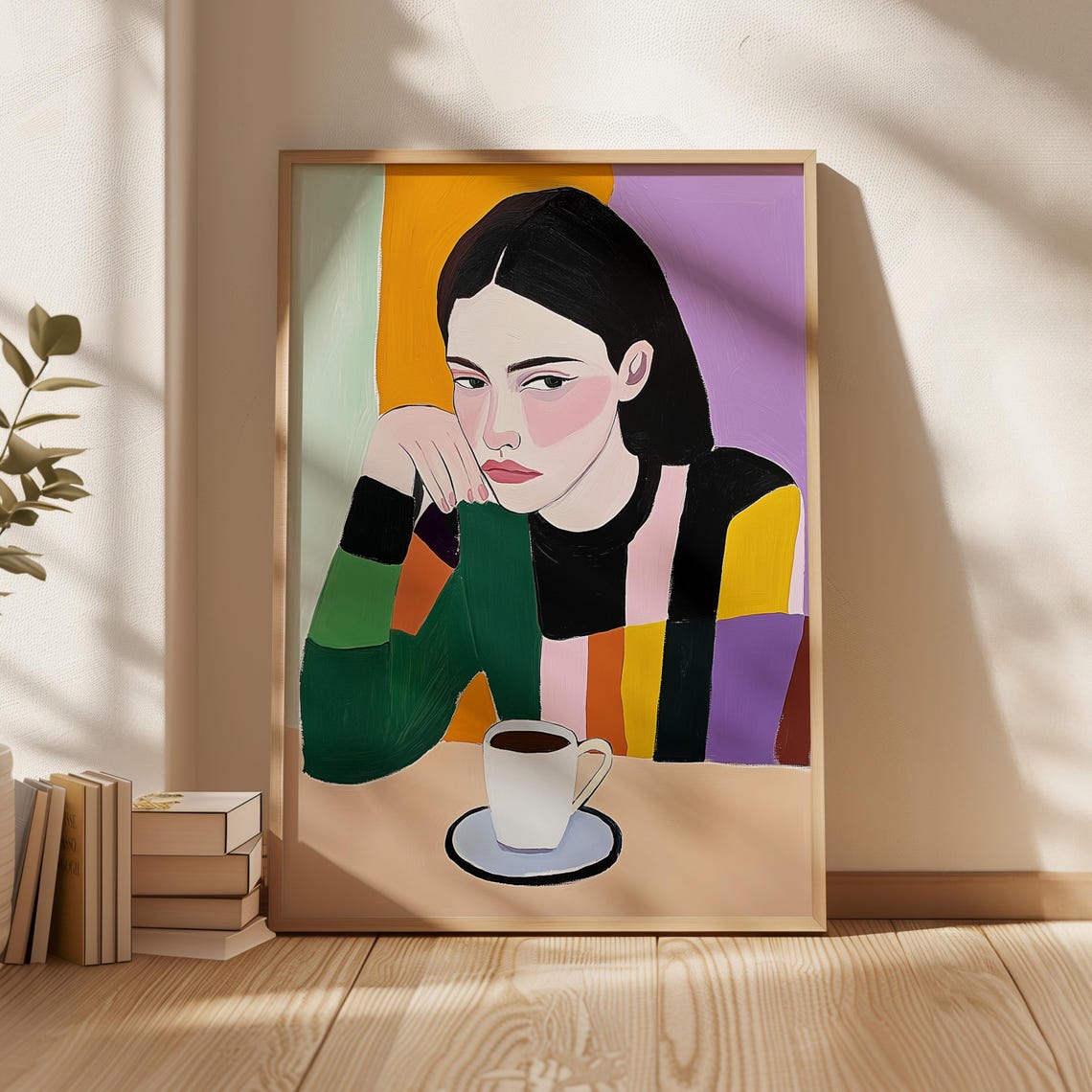 Woman Color Block Sweater Coffee Cup Thoughtful Portrait Modern Poster