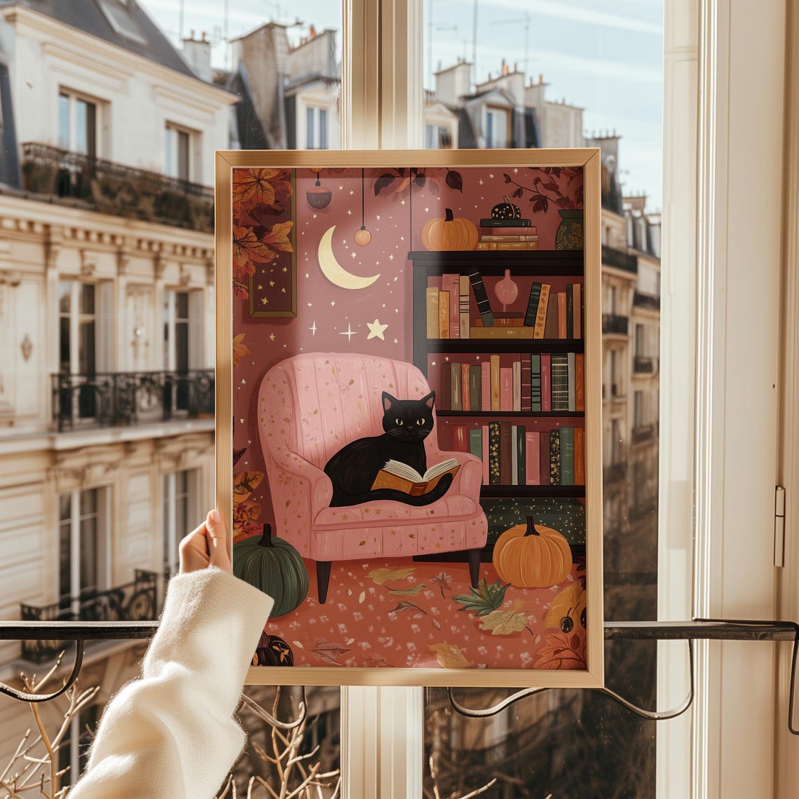 Black Cat Reading in Cozy Pink Library Autumn Halloween Art Poster