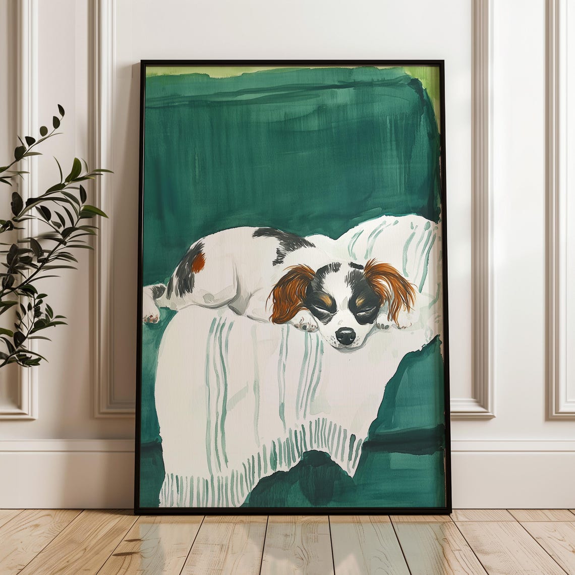 Sleeping Cavalier King Charles Puppy On Cozy Green Couch Print - Image 4