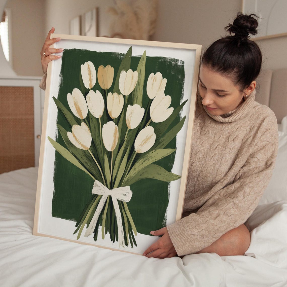 White Tulip Bouquet with Ribbon Bow Deep Green Floral Poster - Image 4